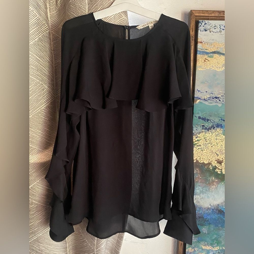 Veronica Beard Silk Bateau Neckline Blouse Black Ruffle Embellishment Sz 4